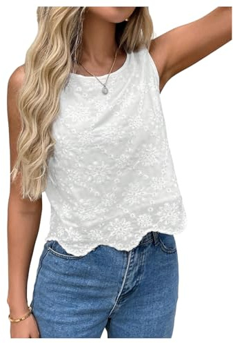SHENHE Women's Summer Sleeveless Embroidered Dressy Casual Blouse Scalloped Going Out Top White Large