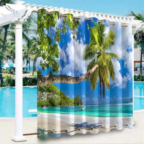 Hiseng Outdoor Vorhänge Wetterfest mit Ösen Oben und Unten, 3D Meerblick Muster wasserdichte Outdoorvorhänge 1 Stück Verdunkelungsvorhang Sichtschutz Vorhang für Garten (Palme,180x243cm)