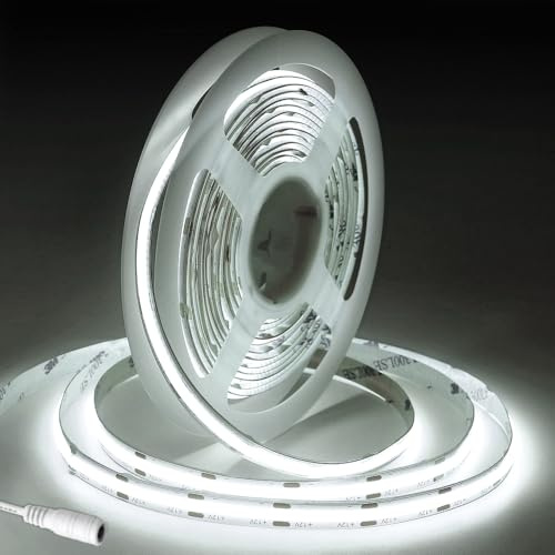 Fosingut COB LED-remsa 5m,DC12V 8mm LED Strip Kallvit 6500K,CRI90+ 480LED/m Remsor ljuskedja,Flexibel Självhäftande repljus neonljus för TV-bakgrundsbelysning,Kök,Sovrum,DIY Dekor(Endast Strip)