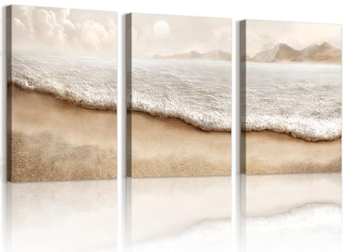 WENGTIAO 3 Piezas Boho Costeros y Playas Cuadros Enmarcados, Minimalista Abstracto Olas Junto al Mar Pintura sobre Lienzo Cuadros Decoracion Salon Modernos Dormitorios Decoracion Pared 30x40cmx3