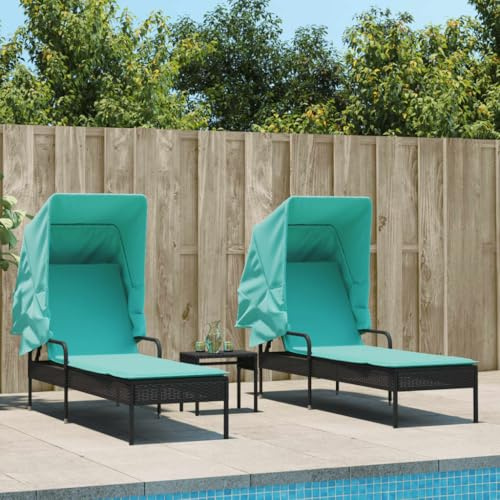 SooIarix Poly Rattan Patio Sun Lounger Set with Retractable Canopy, Black & Turquoise Cushions, Adjustable Outdoor Chaise Lounge Chairs for Garden, Poolside Relaxation