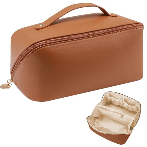 Large Capacity Makeup Bag, PU Leather Open Flat Waterproof Make Up Bag | Travel Toiletry Organiser with Diagonal Zip and Handle for Women and Girls - Brown (23.5x10.5x11cm)