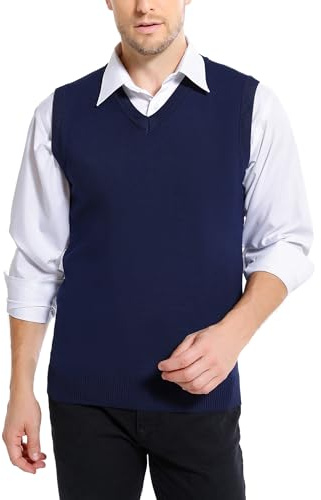 iClosam Gilet Maglione da Uomo Inverno Gilet V-Collo Cotone Casual Pullover Smanicato Maglia Sweater Felpa Men A-Blu Scuro,L