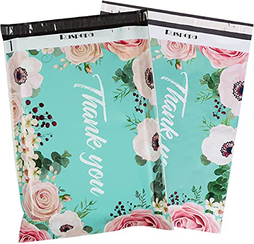 RUSPEPA 14.5x19 Inch Poly Mailers Shipping Bags Thank You Notes Flowers Surrounded Teal Poly Mailers 3 Mil Heavy Duty Self Seal Mailing Envelopes - 50 Pack
