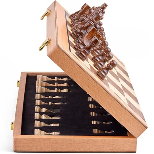 AMEROUS Magnetic Wooden Chess Set, 15 Inches Handmade Wooden Folding Travel Chess Board Game Sets with Chessmen Storage Slots for Kids and Adults, 2 Bonus Extra Queens, Gift Box Packed