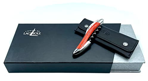 Forge de Laguiole - Cuchillo de camarero (acero inoxidable, funda de piel y gamuza limpiadora), color naranja