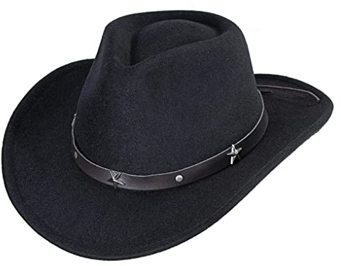 KorhLeoh Cappello da cowboy nero occidentale in feltro per donne e uomini a tesa larga Panama Fedora, A-Nero, M
