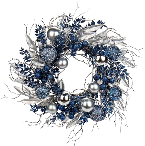Weihnachtskranz Türkranz für Weihnachten - Blau Adventskranz mit Weihnachtskugeln und Fernzweige, Dekokranz Weihnachtsdeko Tischkranz, Ø 40CM