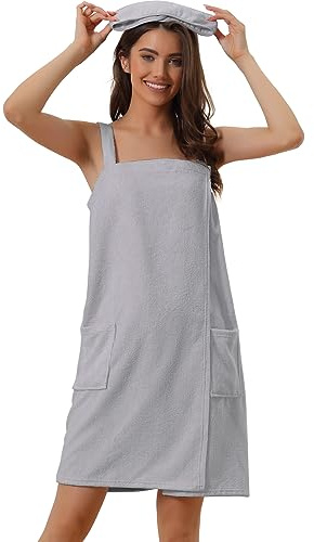 cheibear Damen Bademantel Kleid Frottee Saunakilt Saunatuch mit Tasche und Klettverschluss Spa Dusche Handtuch Bademantel Grau XL