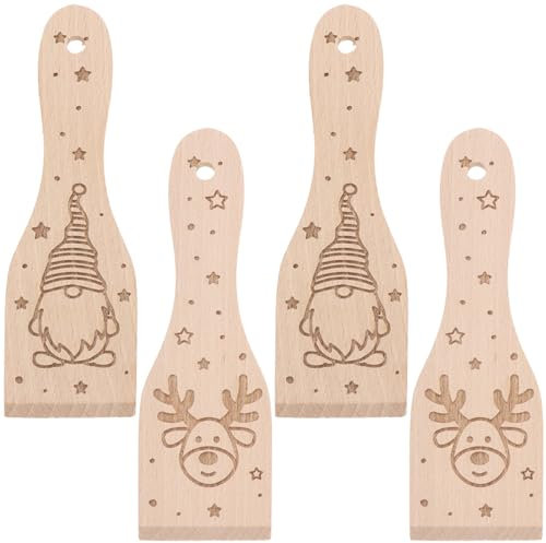 Spruchreif Set di 4 raschietti in legno con incisione natalizia, spatola per raclette con gnomo e renna, spatola per raclette, set da 4 pezzi con motivi natalizi | raschietto per raclette in legno