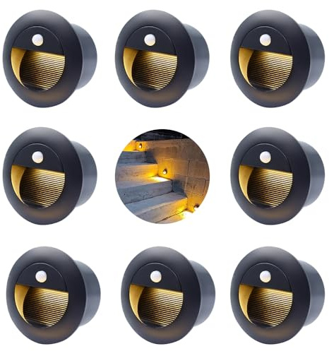 FWoche 8 led empotrables de pared con Sensor De Movimiento, 1.5W, 3000K, IP65, 65mm Luces Empotrables Para Escalones, aluminio, redondas, 230V, Apliques de pared de Luces de escalera, negro
