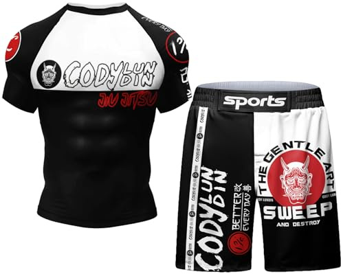 Cody Lundin Set da uomo a compressione con stampa 3D, per corsa, allenamento, fitness, aderente, maglietta a maniche corte e pantaloncini, per abbigliamento sportivo all'aperto e cosplay, Jiu Jitsu, L