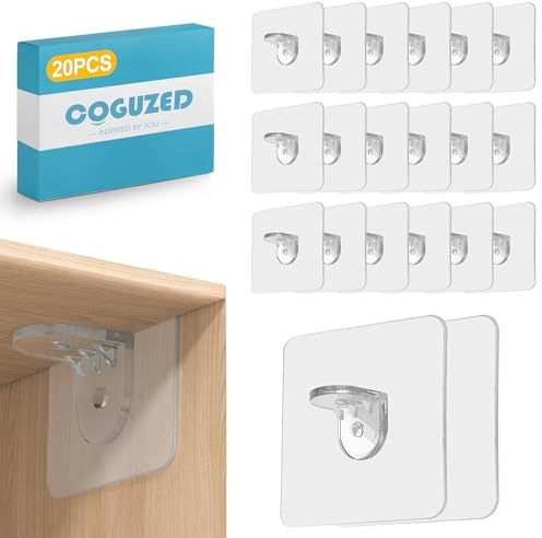 CoguZed 20 Pcs Adhesive Shelf Bracket, Self Adhesive Clips, Shelf Support Pegs for Kitchen Cabinet, Closet, Book Shelves, Strong Load Bearing, Reinforced Design, Modular