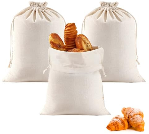 3 Stück Baumwolle Brotbeutel, 40x 30cm Wiederverwendbare Brotbeutel, Brotbeutel Aufbewahrung Frischhalten, Brotsack mit Kordelzug, für Brot, Baguette, Obst, Gemüse