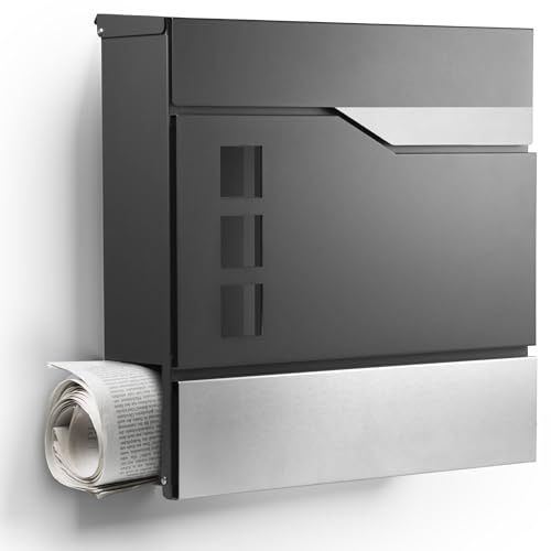 Moderner Briefkasten Personalisierbar Oslo Anthrazit RAL7016 - mit Zeitungsfach - Wandbriefkasten mit Edelstahl Namensschild und Hausnummer Gravur I Rostfrei und UV-beständig (Ohne Gravur)