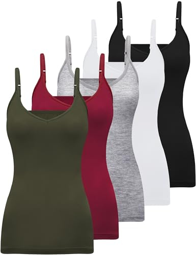 BQTQ 5 Pcs V Neck Camisole Tops for Women Spaghetti Strap Slim Fitted Soft Camisole Undershirts Basic Camisoles in Black, White, Gray, ArmyGreen, DarkRed, XXL