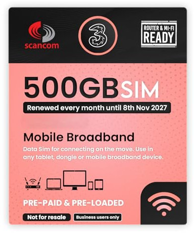 Three 500GB Data SIM - Uncapped 5G - Preloaded MONTHLY Until November 2027 - Plug & Play for Routers & Phones - Access to Three & Vodafone - Connects to the Strongest Signal available