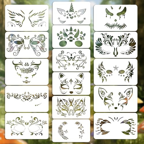 Set di 16 stencil per il trucco dei bambini, riutilizzabili, per bambini, con maschere per animali con unicorno, fiori e motivi di Halloween, ideali per feste, carnevale e fai da te