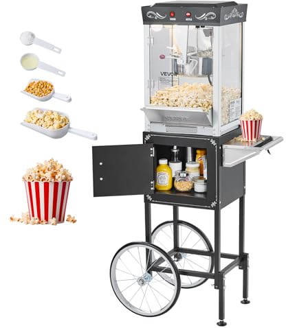 VEVOR Máquina de Palomitas con Hervidor y Carrito, 800 W, 48 Tazas por Carga, Control de 2 Botones, Pared de Vidrio, Puerta de Policarbonato, 1 Cucharada y 3 Cucharas, por Estilo Teatral, Negro