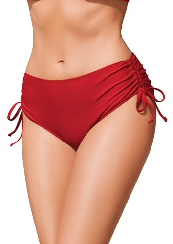 Ekouaer Women's Bikini Bottoms Adjustable Drawstring with Side Tie Stretchy Swimsuit Swim Bottom Mid Waist Swimwear Swimming Briefs Red M