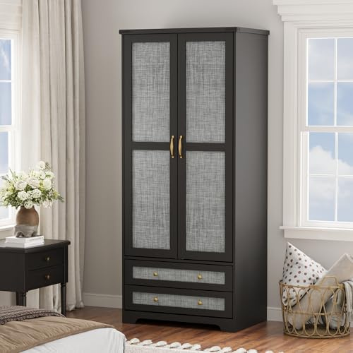 Yechen 71 Armoire Wardrobe Closet with Doors, Modern Tall Storage Cabinet with Adjustable Shelf and Hanging Rail, Sturdy Freestanding Closet Armoires and Wardrobes with 2 Wide Drawers for Bedroom