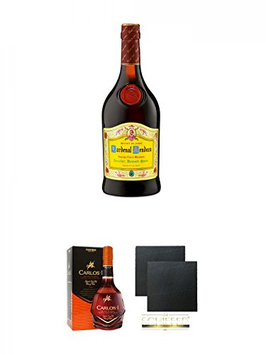 Cardenal Mendoza spanischer Brandy 0,7 Liter + Carlos I Gran Reserva 12 Jahre Spanien 0,7 Liter + Schiefer Glasuntersetzer eckig ca. 9,5 cm Ø 2 Stück