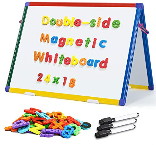 SwanSea A2 Magnettafel Kinder Staffelei, Whiteboard-Tischplatte, Doppelseitig, Trocken Abwischbar, mit Magneten Buchstaben Zahlen und Stift, 60 x 45 cm