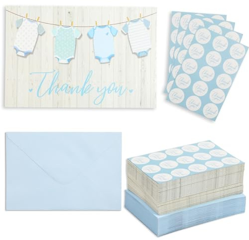 Pipilo Press Baby Shower Thank You Cards with Envelopes & Stickers for Boy - 6 x 4 Inch Blue Clothesline Design - Pack of 60 - Baby Boy Thank You Cards