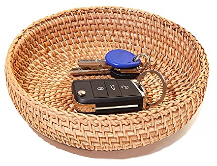 Small Round Keys Basket for Entryway Woven Baskets for Organizing Tabletop Decorative Wicker Organizer Basket for Keys Wallet Cell Phone for Fruit Candy Cracker