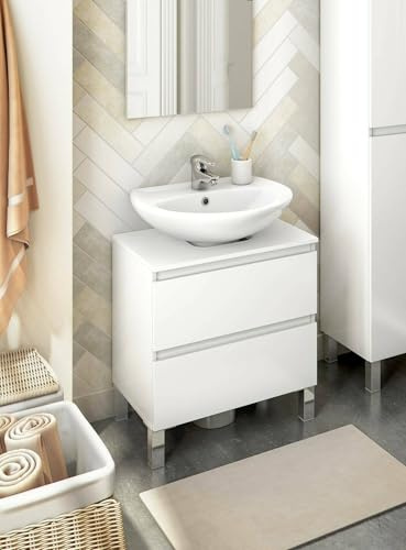 Dmora - Mobile sottolavabo Toutle, Mobiletto da bagno, Contenitore porta lavabo, Armadio per lavandino, 60x40 h64 cm, Bianco lucido