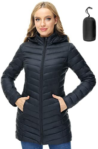 ANOTHER CHOICE Women Puffer Jacket Hooded Warm Lightweight Packable Quilted Puffer Coat Outwear, Black, M