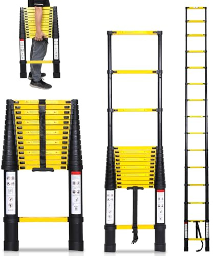 Cecaylie Teleskopstege i aluminium med avtagbar hake, 3,8 meter utdragbar stege, halkfri aluminiumstege, stående stege, multifunktionsstege, utdragbar stege med 150 kg lastkapacitet, svart gul
