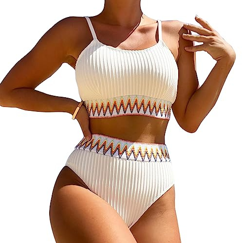 KBRPEY Costume da Bagno Donna Un Pezzo Bikini A Vita Alta Bottom Imbottito Reggiseno Bikini Sexy Spiaggia Beachwear Swimwear Bandeau Bikini (Bianco M)