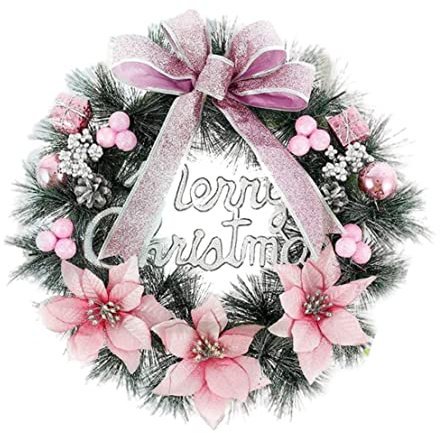 QmjdDymx Weihnachtskränze, 30 cm Weihnachtstürkranz mit rosa Bug und dekorative Ballhänge -Feiertag -Girlande für Winterschmuck im Freien im Freien im Freien