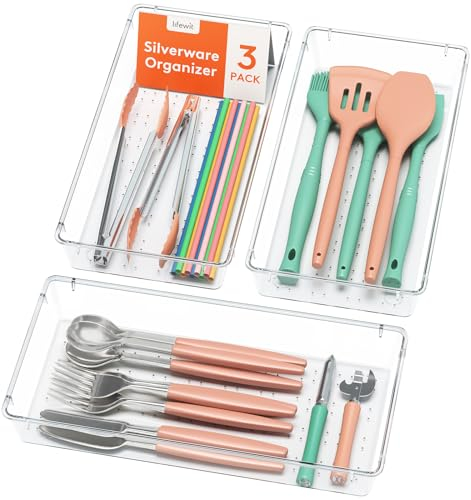 Lifewit Cutlery Drawer Organiser, 3-pack Clear Utensil Tray for Kitchen Drawer, Stackable Plastic Flatware and Silverware Storage Insert Box Divider for Spoons Forks Knives Tools, 14.6 x 29.6 CM
