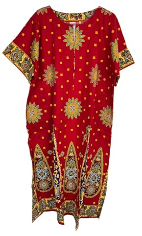 Kiran Fashion Vestido largo de caftán para mujer, 100% algodón, estampado étnico, para playa, talla única, rosso, talla única