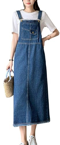 Yishengwan Femme Robe Salopette en Jean Casual Longue Robes en Denim Jeans Combinaiso Robe Bleu L