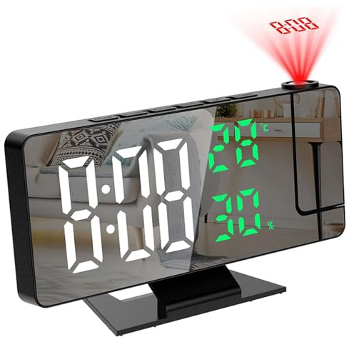 Reloj despertador de proyección para mesita de noche, reloj LED de espejo con proyector giratorio de 180°, brillo de 3 niveles, reloj despertador digital con temperatura y humedad, función de
