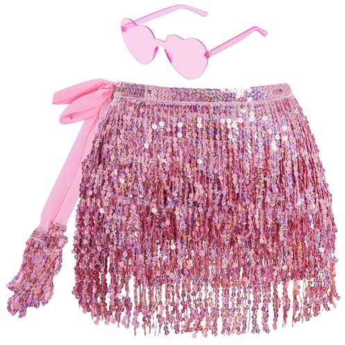 Glitzer Fransen Rock mit Hippie Brille Mini Latein Kurz Bauchtanz Kostüm Rave-Kostüm für Frauen Mädchen
