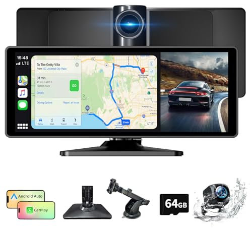 10.26 Zoll Wireless Carplay Android Auto Display, Tragbares Autoradios mit 4K Dashcam+1080P Rückfahrkamera, Siri/Google Assistant, GPS Navigation, Bluetooth, Mirror Link, FM, 64G TF für All Vehicles