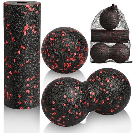 LOPHE Sfere Massaggianti Muscolari, Set di palline fasciali, Sfere da Massaggio per Deep Tissue Massaggio, per Recupero Muscolare,Schiena, Gambe, Piedi, Mani, Set 3 pezzi nero + rosso