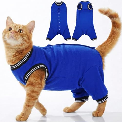 T'CHAQUE Cat Surgery Clothes Recovery Suit for Female Male, Cat Onesie Pet Surgical Pajamas Hind Legs Long Sleeve, Abdominal Wound Skin Diseases, E-Collar Alternative, Spay Recovery Suit, RoyalBlue-L
