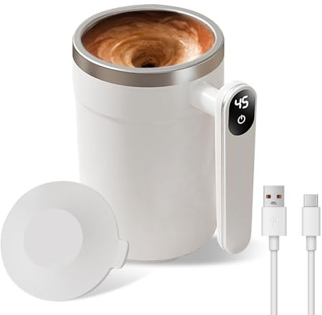 TechVizrs Taza de café con agitación automática, magnética automática, 400 ml, con anillo magnético Utomatic de acero inoxidable, para leche, cacao en la oficina, cocina, viajes (blanco)