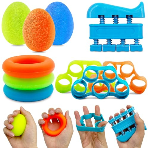 Druuzyl 10 Pièces Renfort de Préhension Main - Bandes Résistance Doigts avec 3 Niveaux - Boules de Pétrissage & Anneaux pour Musculation (Lot)