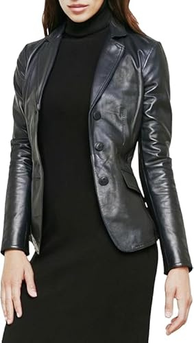 Aksah Fashion Lyxig handgjord kvinnors äkta lammskinn läderblazer | slim fit jacka med tre knappar | svart, Svart, XS