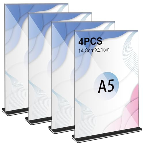 Thboxes 4 Stück Tischaufsteller A5, Transparent Preisschilder Aufsteller Acryl T-Ständer Doppelseitig Tischständer für Menükarten Prospekte Werbung Restaurant Café Büro