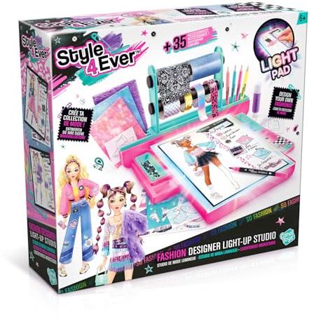 Style 4 Ever Fashion Designer Light Up Studio, Design Dream Outfits from Scratch, LED Drawing Pad, DIY Fashion Design Kit for Kids 6+ | Real Fabrics, Stickers & Gems Included