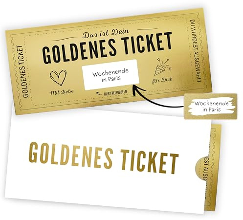 Goldenes Ticket - Gutschein zum selber ausfüllen mit Rubbelaufkleber und Verpackung - Geschenk für beste Freundin oder Freund, Personalisierter Geschenk Gutschein zum Geburtstag für Frauen und Männer