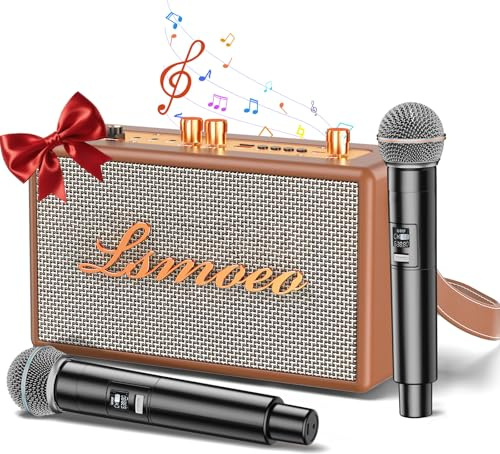 Tragbare Karaoke Maschine Anlage mit 2 Drahtlosen Mikrofonen für Erwachsene & Kinder Bluetooth Lautsprecher Unterstützt Vier-Kanal-Mikrofonerweiterung für Hauspartys,Picknicks/Vintage-Geschenke