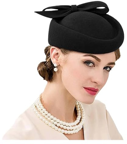 GHHZML Casquete Tocado Tocados de Iglesia for Mujer, Sombreros Vintage Tipo Pastillero for Bodas, Fiestas té, Fedora Fieltro Rojos for Damas(Black)